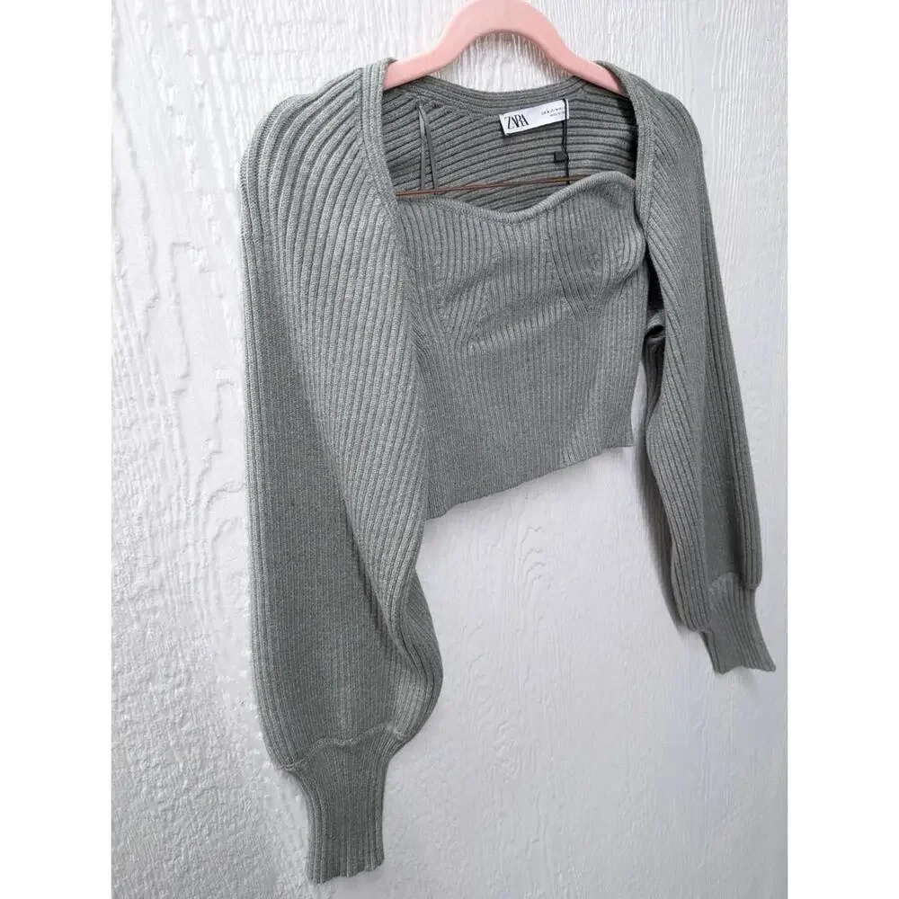 NWT Zara Ribbed Arm Warmers & Strapless Top Bodice Set Gray Green Size Medium - Picture 3 of 8